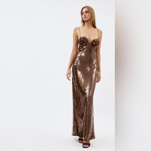 Roses Sequined Bustier Evening Gown In Mocha Shine, High-end Sequin Maxi - Picture 2 of 12